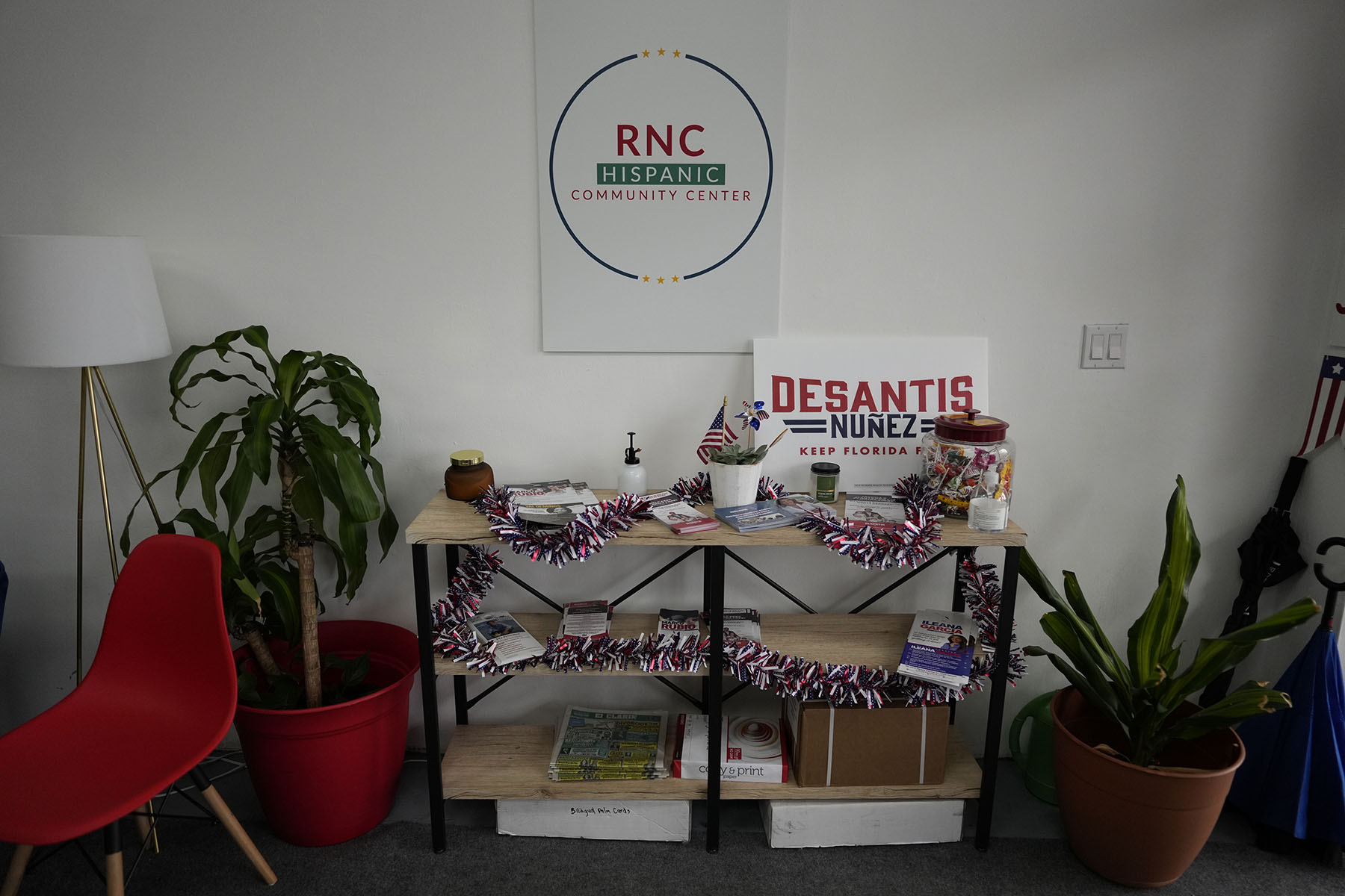 Campaign materials sit on a table during a Get Out the Vote event for Florida Republican candidates.