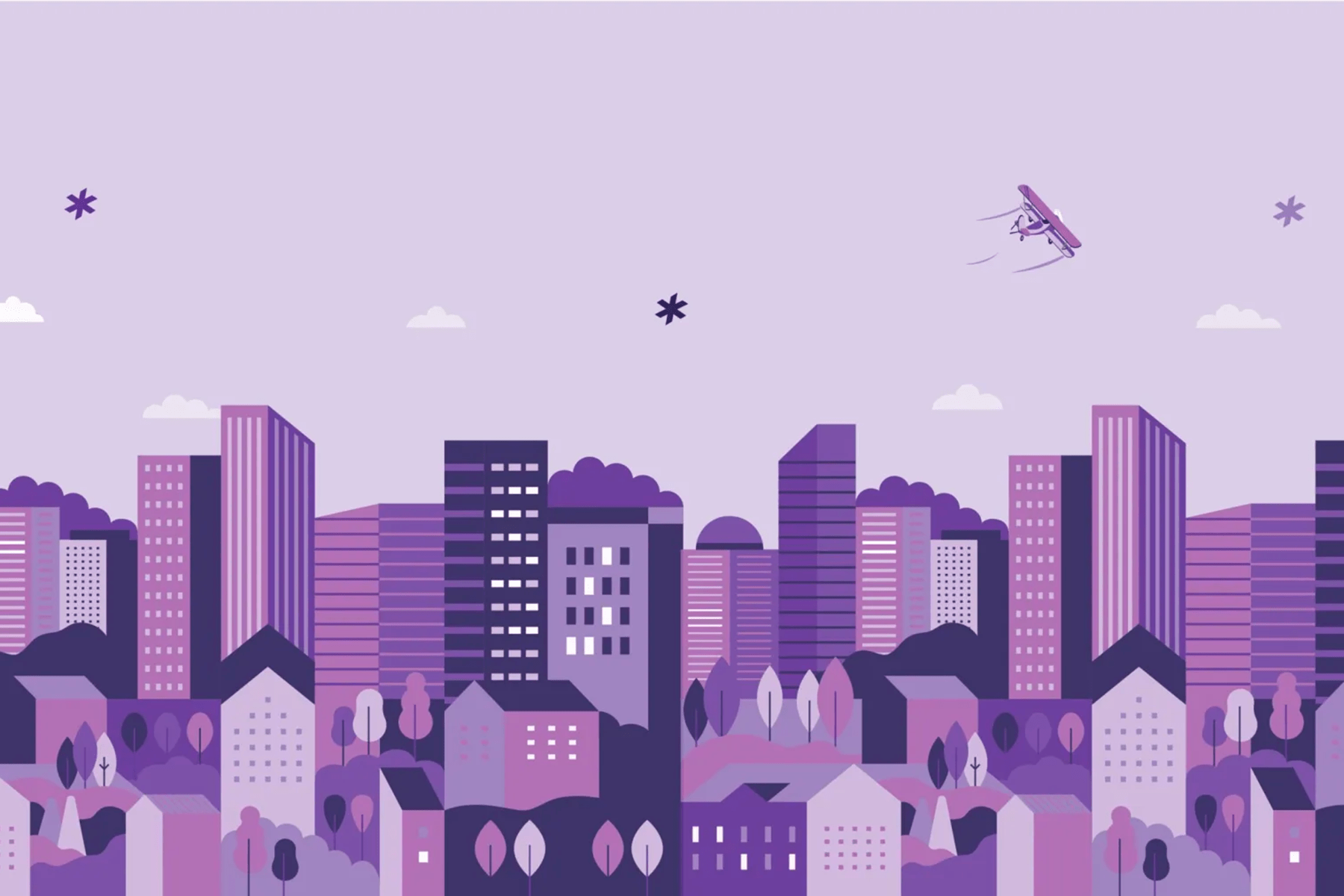 Illustration of a cityscape with asterisks dotting the sky.