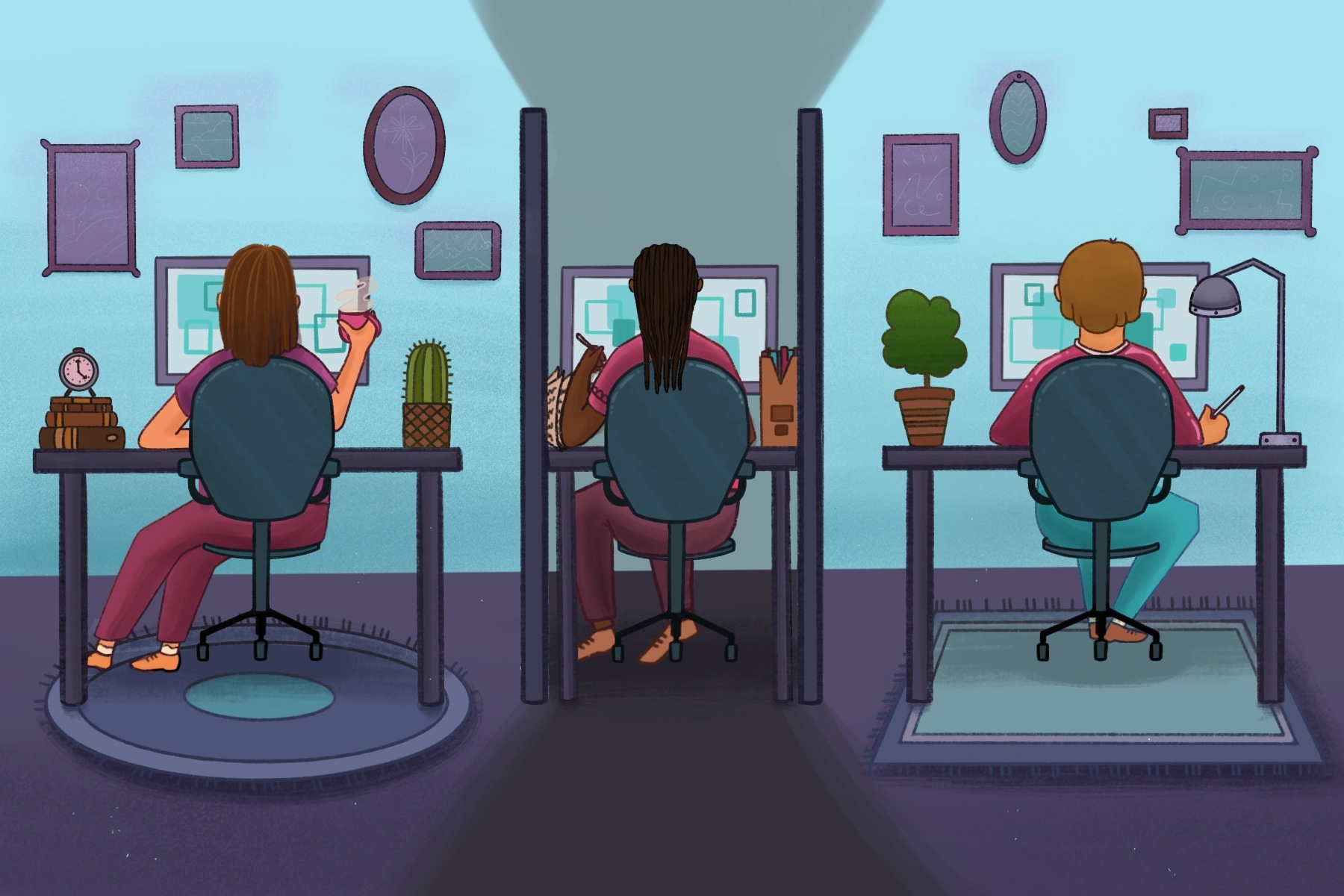 Illustration of three women working in an office. The black woman has a smaller and more dimly lit cubicle.