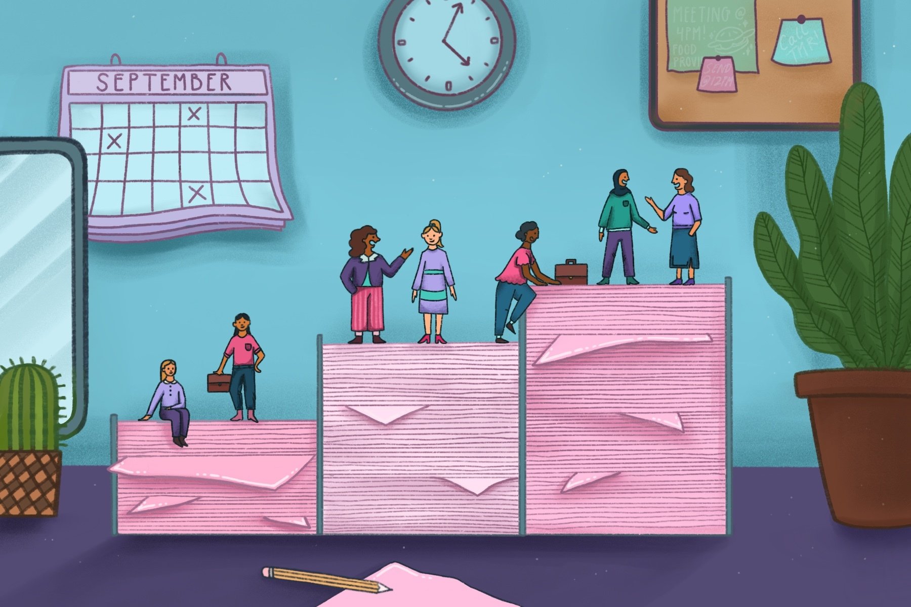 Illustration of working women standing and climbing stacks of paper of different heights. Office background with a calendar, a clock, a corkboard and a plant.