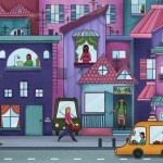 Illustration of a street where women are seen doing different jobs, going to work, working from home, etc.