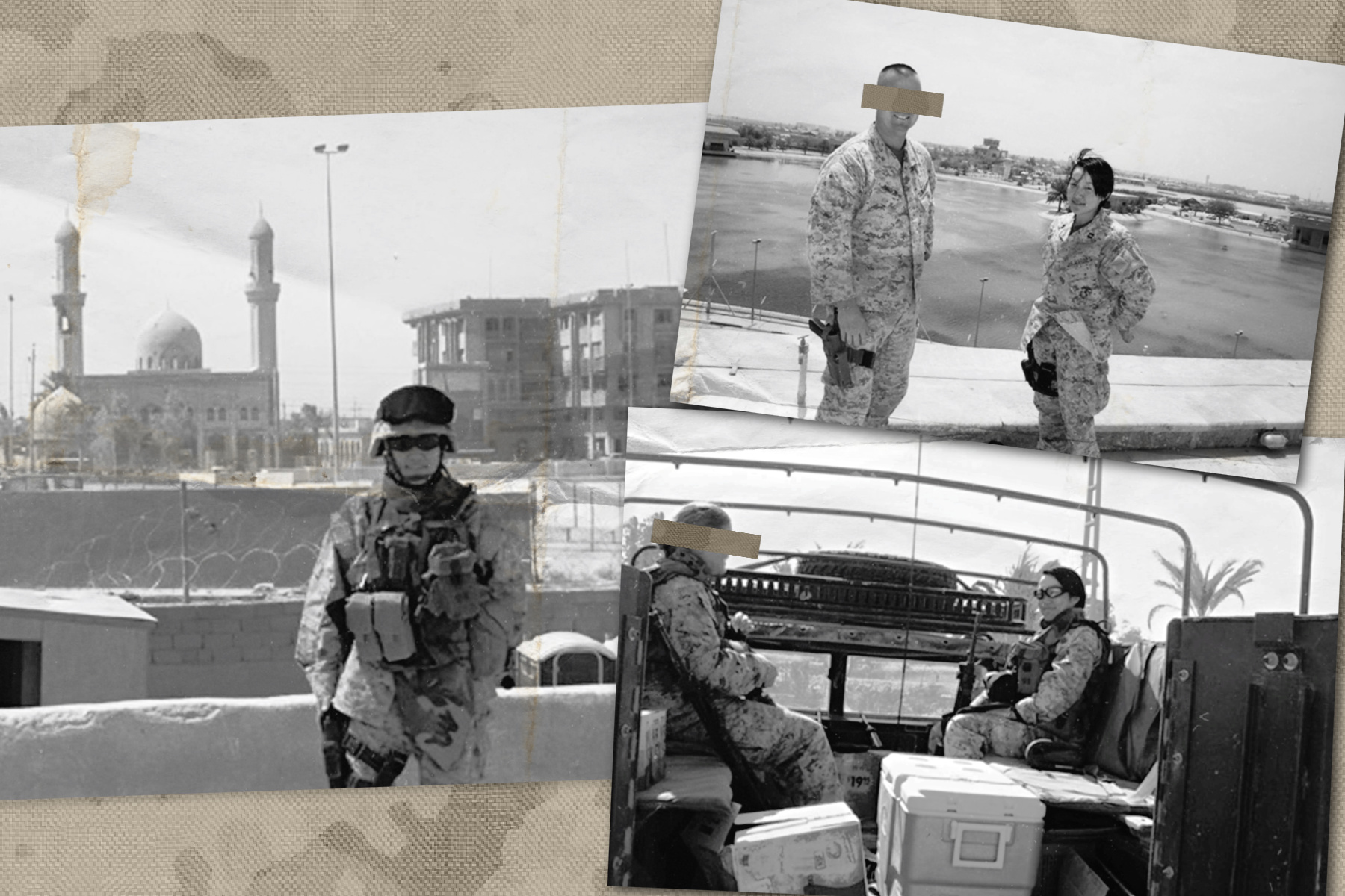 Collage of images of an soldier on active duty around the middle east.