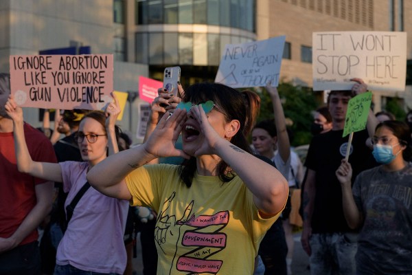 Abortion rights activists protest after the overturning of Roe v Wade by the Supreme Court in St. Louis, Missouri.