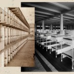 A collage juxtaposes a cell block and bedding in a psychiatric institution.