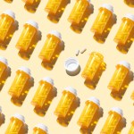 An Opened Prescription Medicine Bottle Among Many Other Sealed Bottles on Yellow Background.