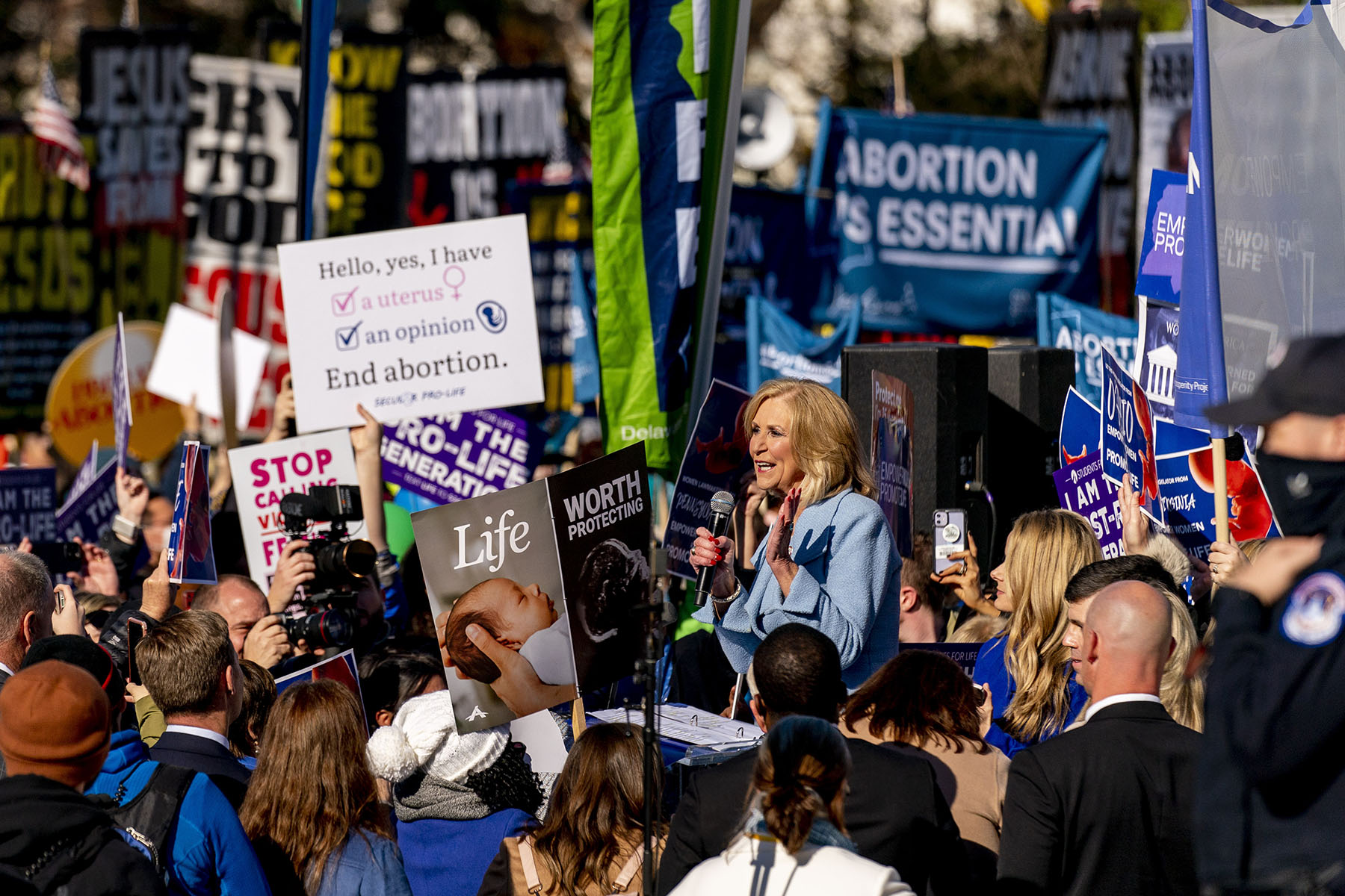 Mississippi Attorney General Lynn Fitch speaks to anti-abortion protesters in front of the Supreme Court.