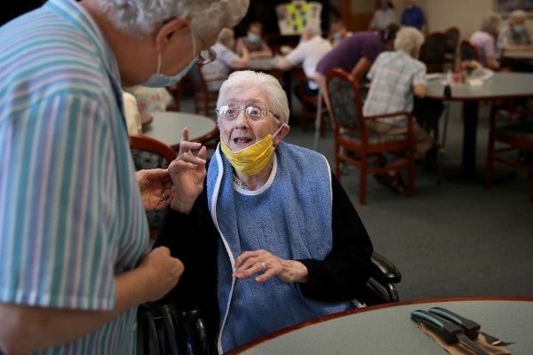 Lunch is served at a retirement home in Marlborough, Massachusetts in August 2020.