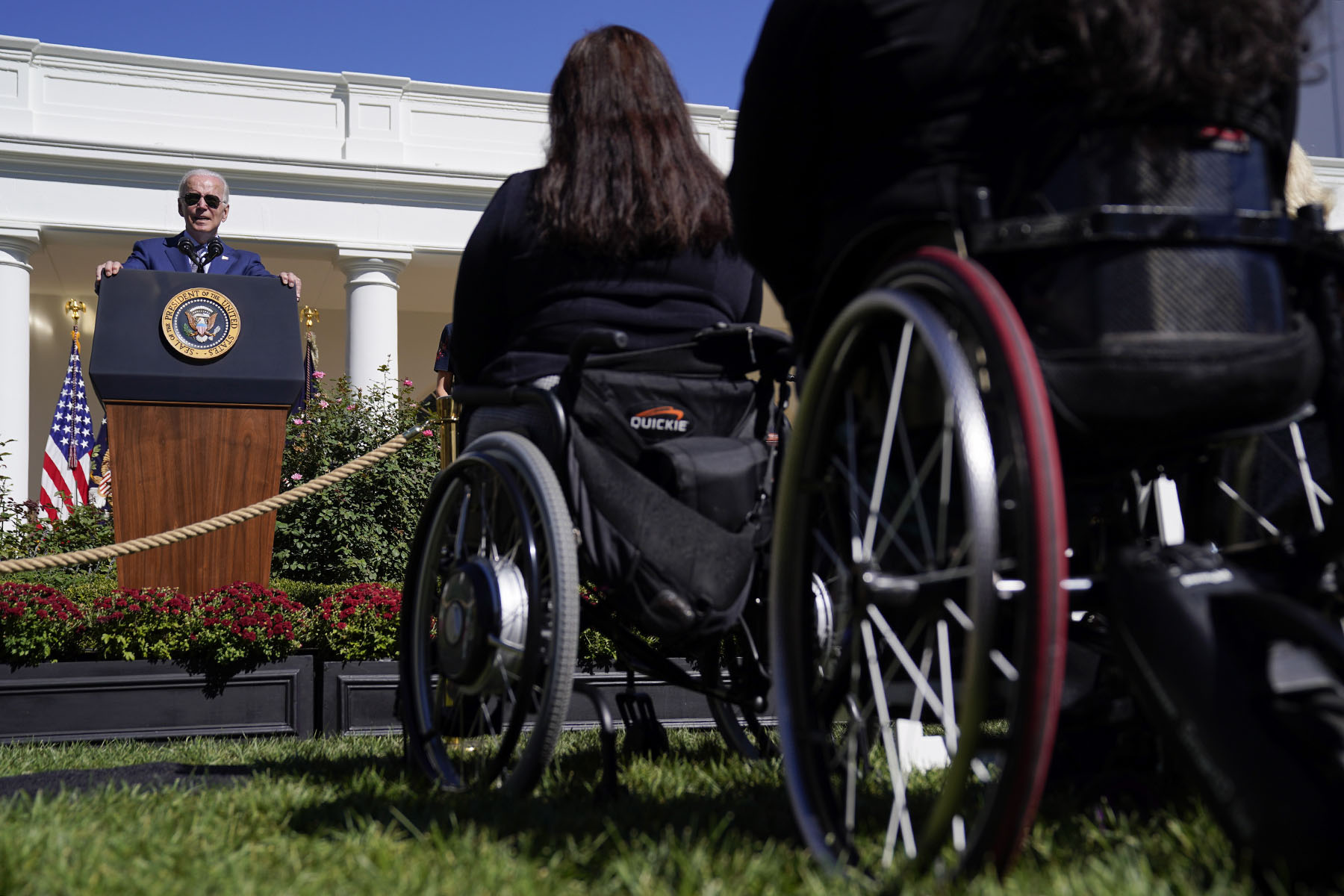 President Joe Biden speaks during a celebration of the Americans with Disabilities Act in the Rose Garden of the White House.