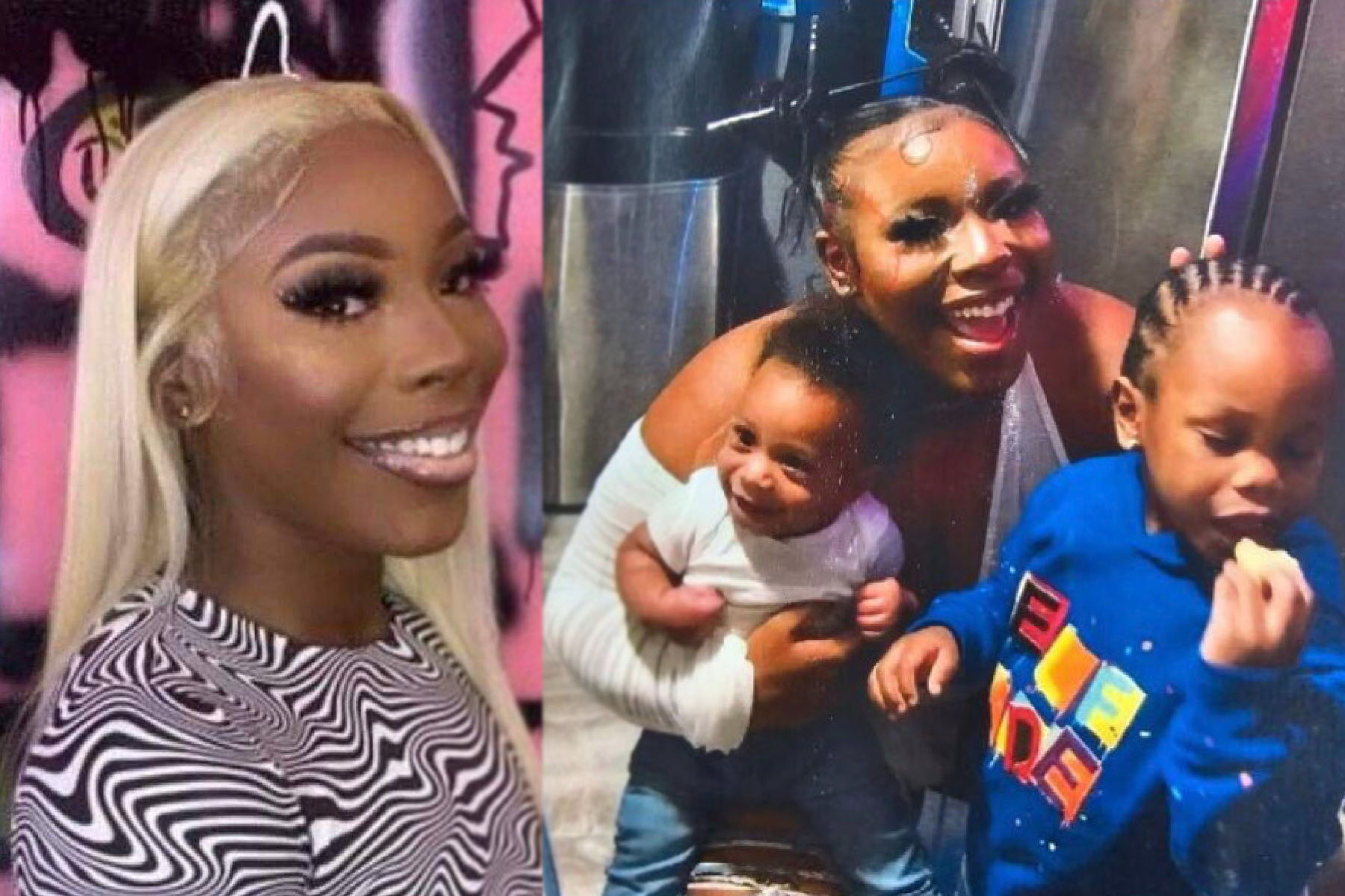 diptych of two images of Ta’Kiya Young. On the left, a smiling portrait. on the right, an image of her holding her two young sons.