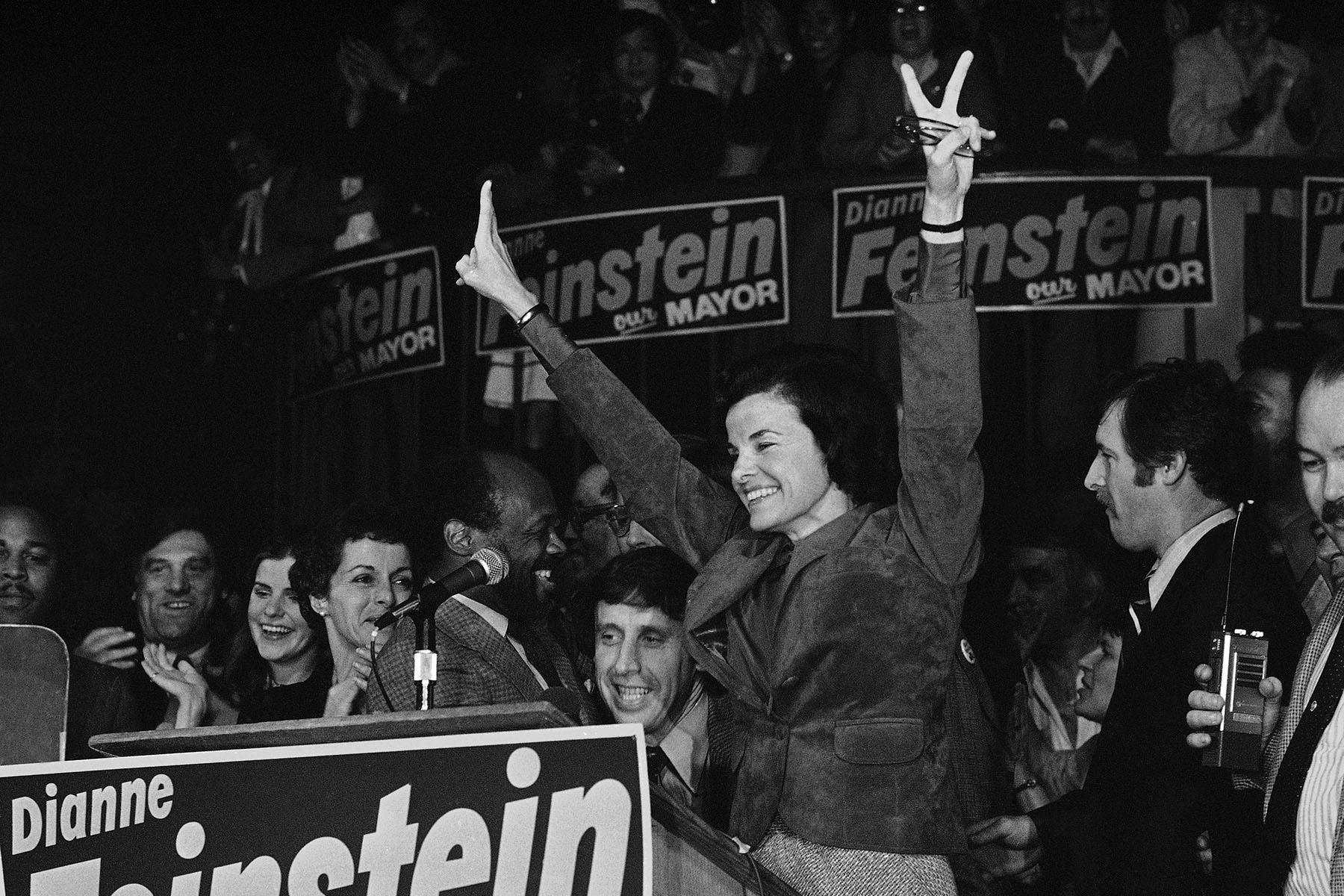 Feinstein celebrates after winning the election for San Fransisco Mayor.