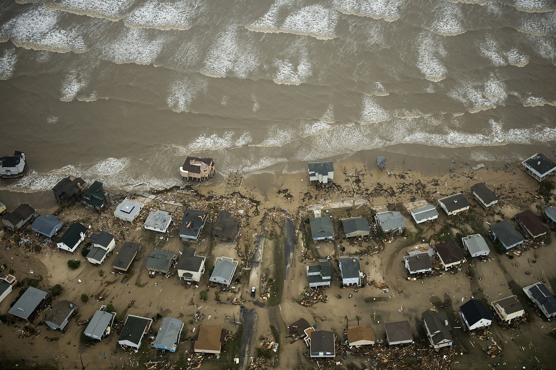 Damaged homes are seen on Galveston Island after the passing of Hurricane Ike in September 2008.