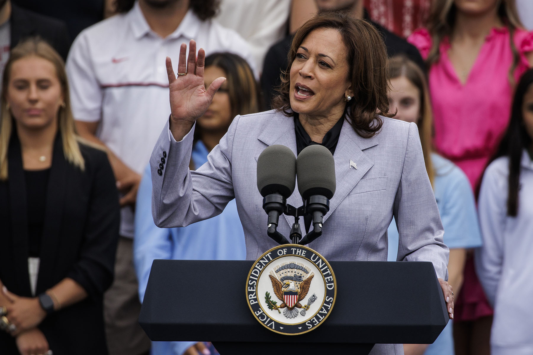 Kamala Harris speaks during a College Athlete Day event on the South Lawn of the White House.