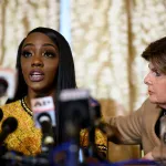 R. Kelly survivor Faith Rodgers and attorney Gloria Allred speak during a press conference.