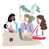 Illustration of three women interacting with one another to represent The 19th membership community