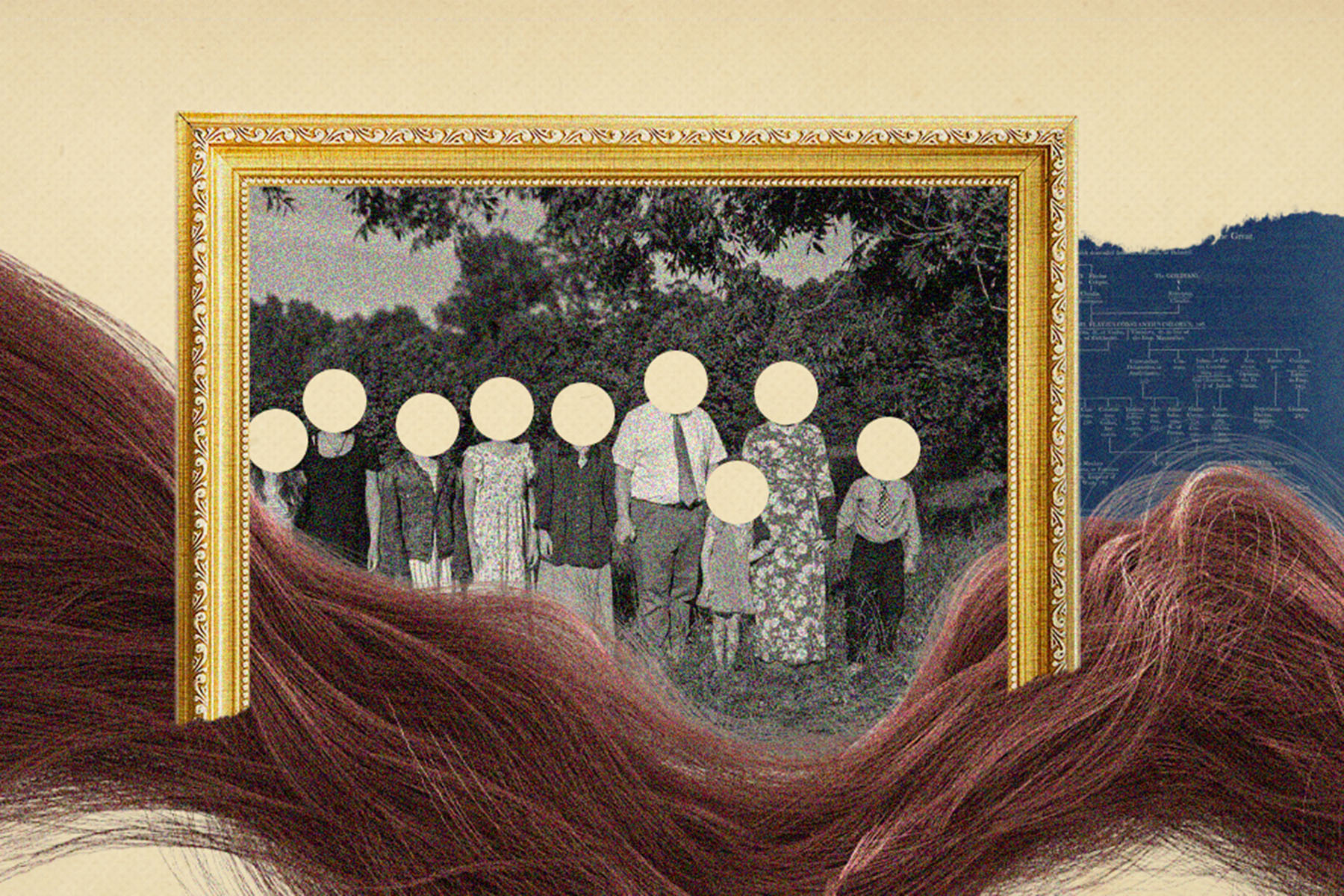 A photo illustration depicts a family portraits where faces have been obscured by circles. The gold frame in which the portrait sits is surrounded by a long lock of hair. Behind the portrait, a ripped page depicts a family tree.