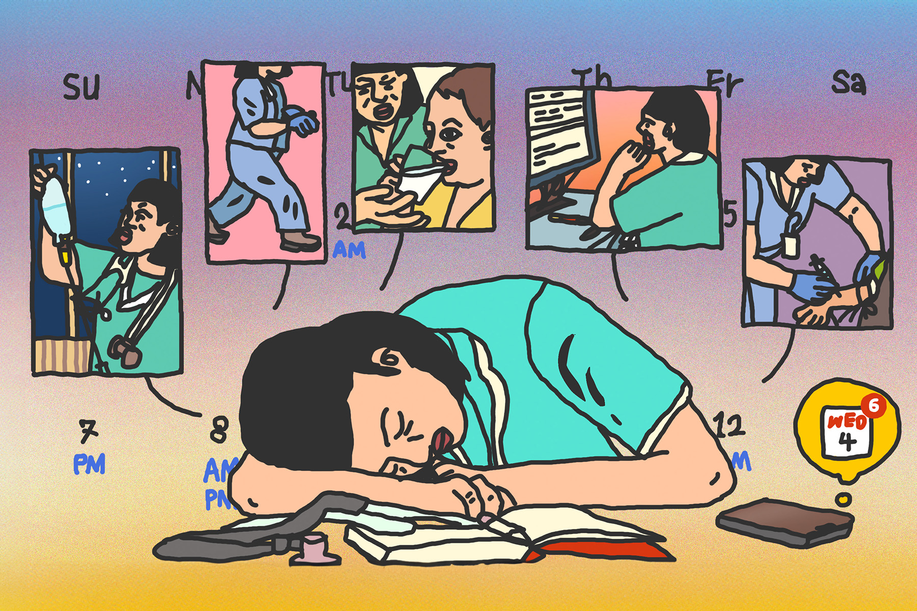 Digital illustration of an exhausted female nurse sleeping at her desk. On top of her there are vignettes of her doing various activities including replacing an IV bag, running, giving a patient a cup of water, working at a computer, and injecting someone’s arm with a needle.