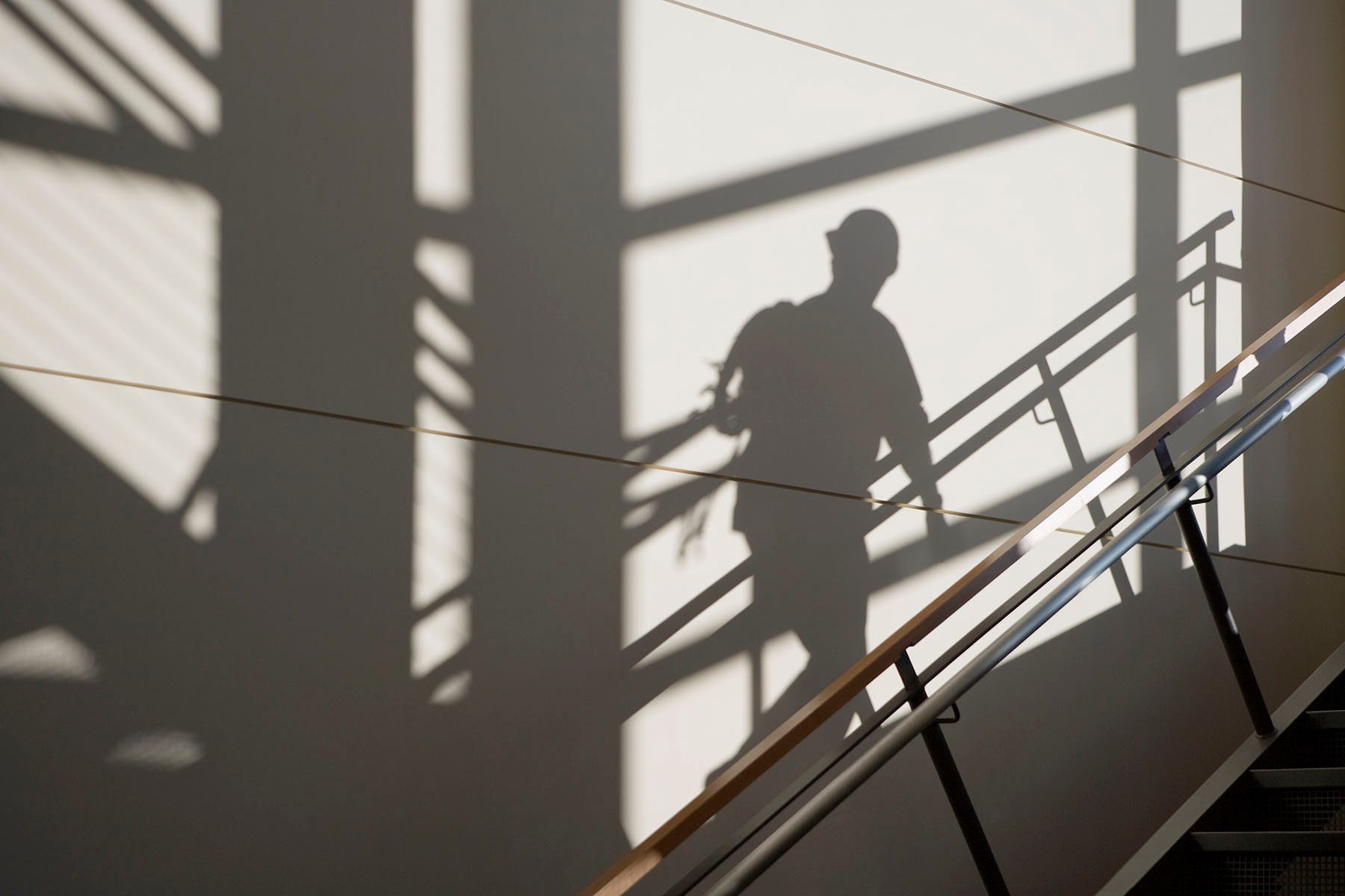 Silhouetted student's shadow is seen as they go up stairs on a college campus.