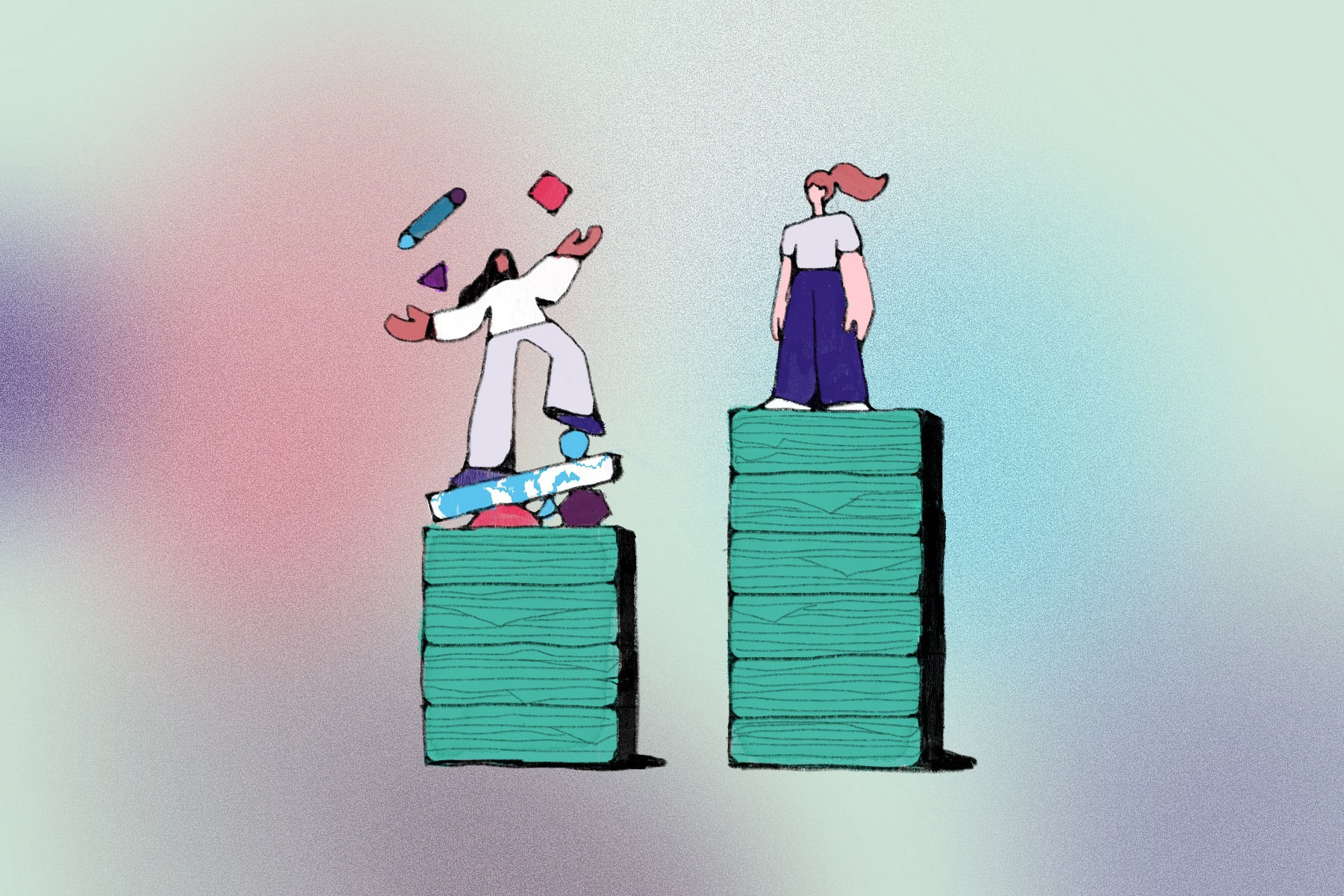 Illustration of two women, one juggling different shape and one standing on stacks of different heights.