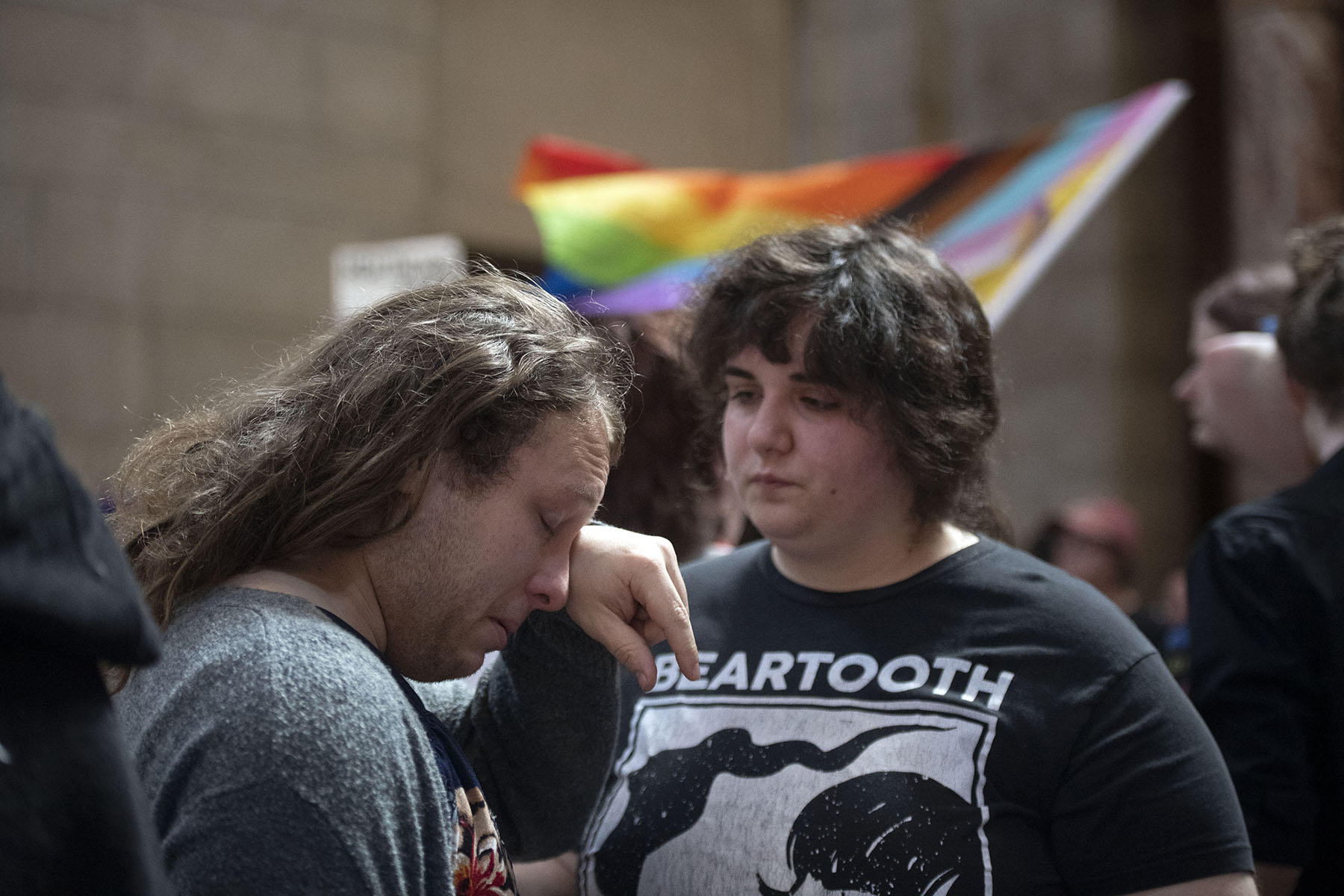 People console each other after anti-trans laws were passed in Nebraska.