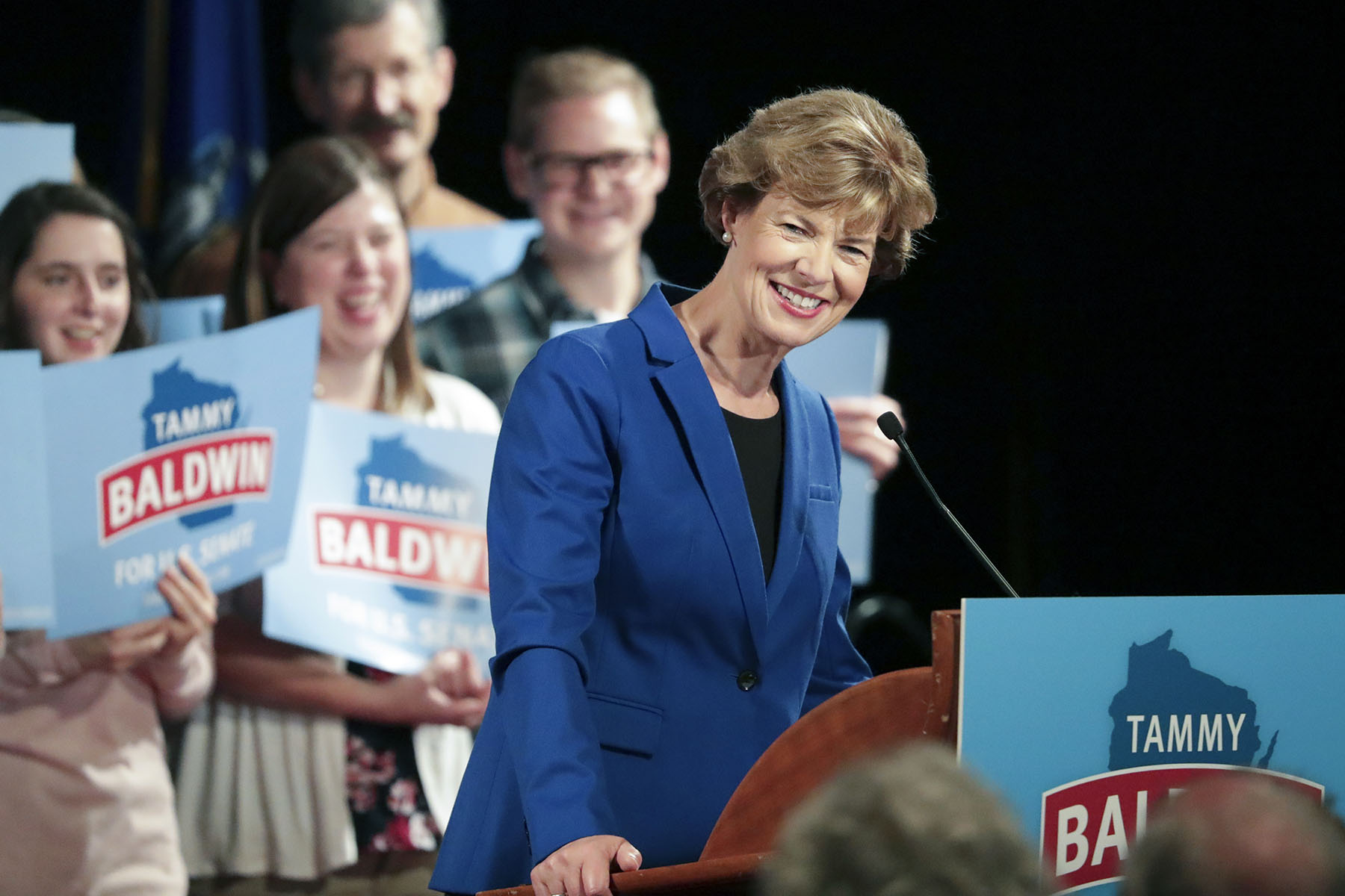 Tammy Baldwin celebrates her re-election victory in Madison, Wisconsin in November 2018.