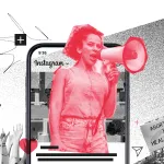 A photo collage of a mom leading a demonstration using a megaphone against a backdrop of an Instagram feed on a phone.