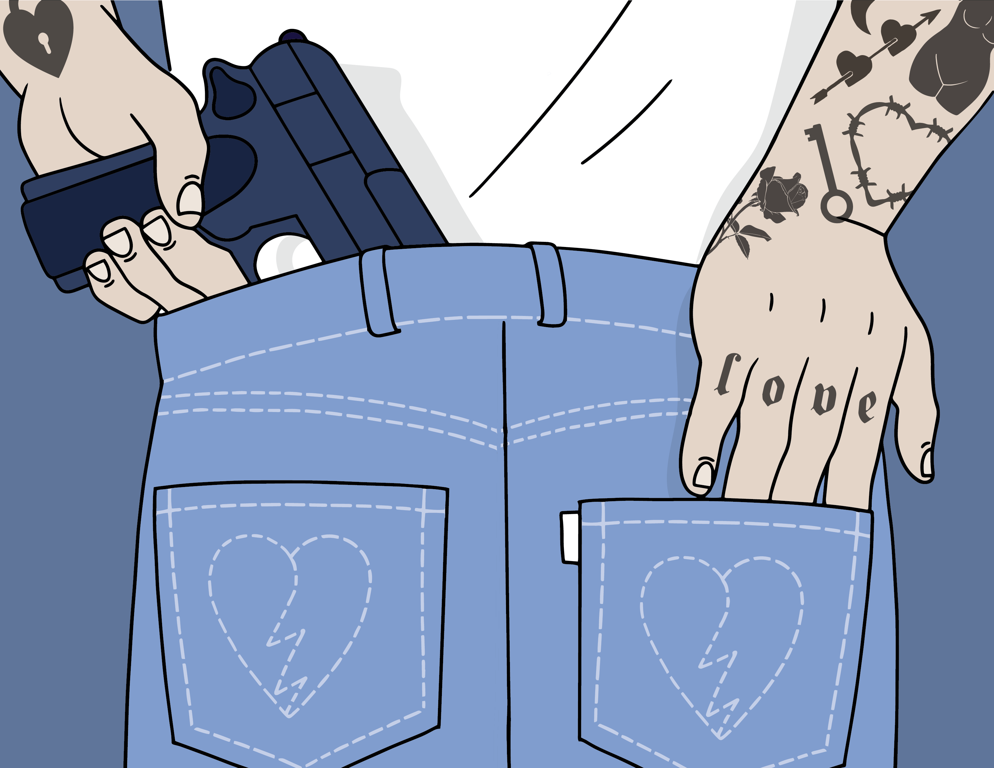 An illustration of a man hiding a loaded gun in the back of his jeans. His jeans have stitched broken hearts on the back pockets.