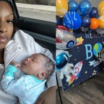 Dyptich of two images: on the left, briana jones holds her newborn and on the right, briana celebrates her pregnancy.