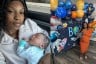 Dyptich of two images: on the left, briana jones holds her newborn and on the right, briana celebrates her pregnancy.
