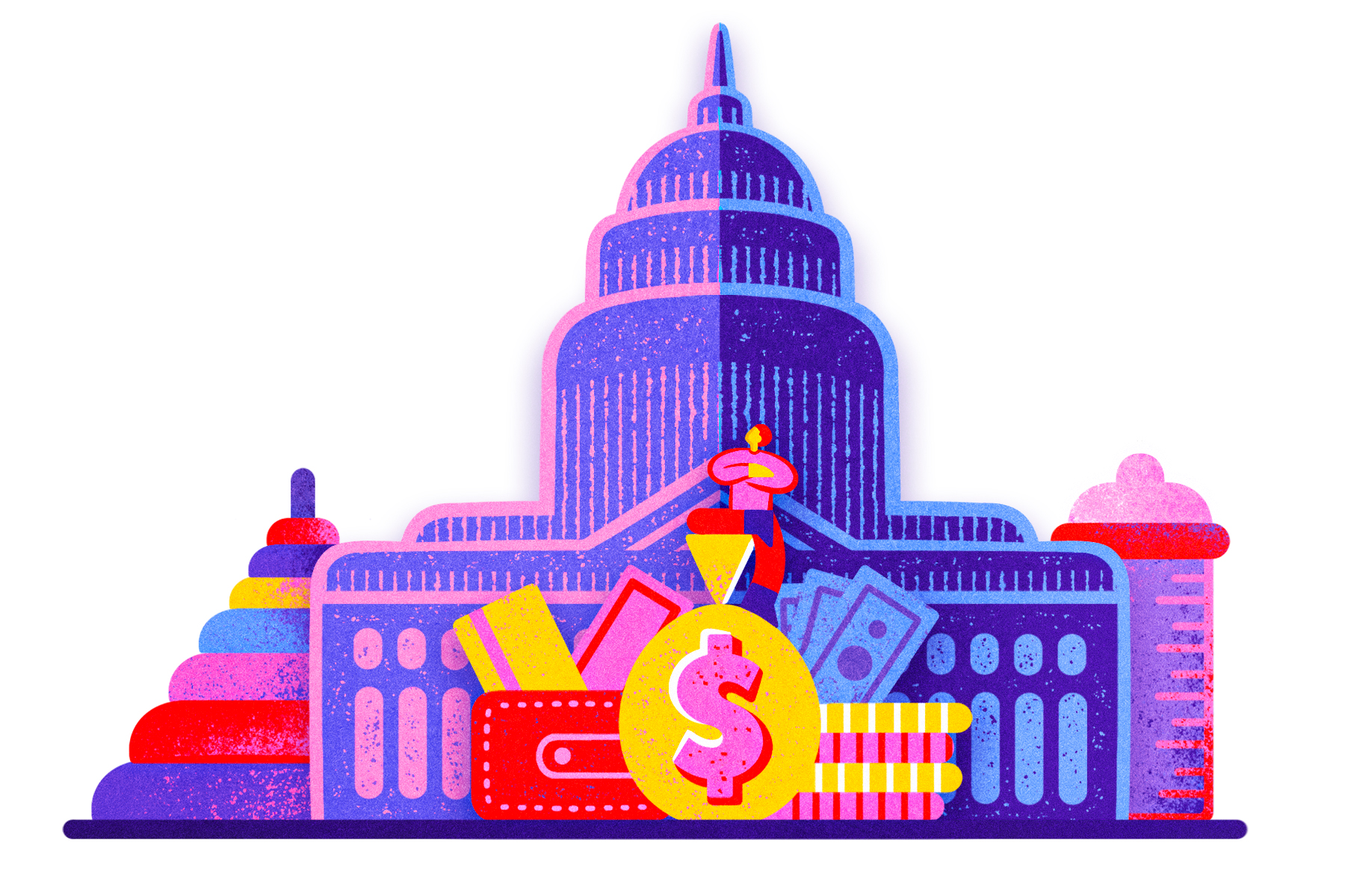 This is an illlustration of the nation's Capitol with a baby bottle, stacking rings alongside a stack of government funds with a neglectful lawmaker.
