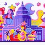 An illustration focused on childcare and congress. The illustration has the nation's Capitol with a baby bottles, pacifier, and stacking rings. Seemingly 