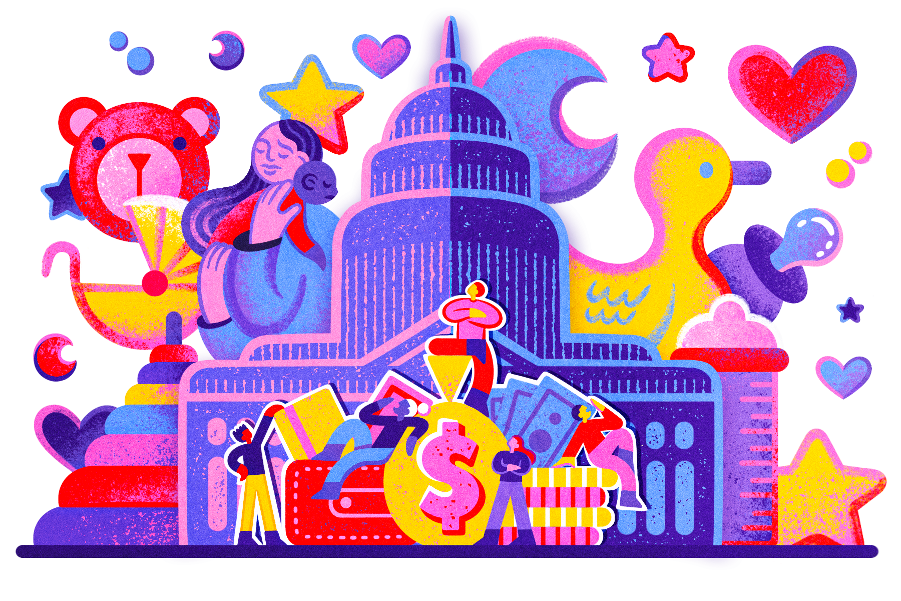 An illustration focused on childcare and congress. The illustration has the nation's Capitol with a baby bottles, pacifier, and stacking rings. Seemingly 