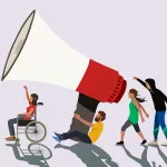 Illustration of protesters holding a large megaphone. the protester on the far left is in a wheelchair.
