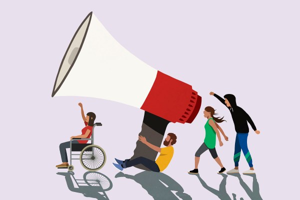Illustration of protesters holding a large megaphone. the protester on the far left is in a wheelchair.