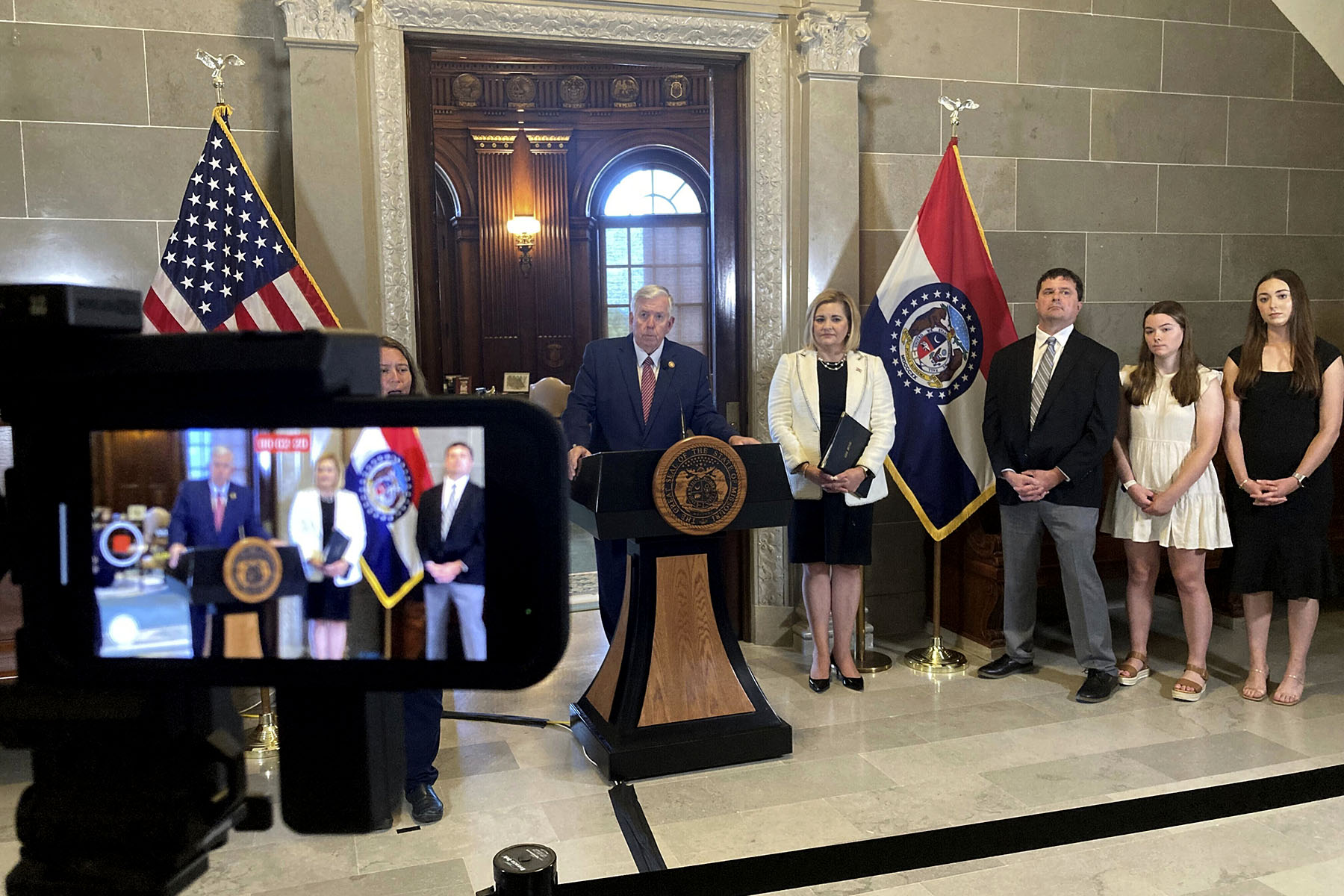 Missouri Gov. Mike Parson introduces Judge Kelly Broniec as the next judge on the Missouri Supreme court during a press conference.
