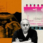 Photo Illustration of sheriff's investigator Spencer Woods, behind him an image of a prison, an ultrasound and a transcript are collaged together.