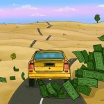 A car drives down a long road across state lines as cash money pours out of the car's tail pipe.