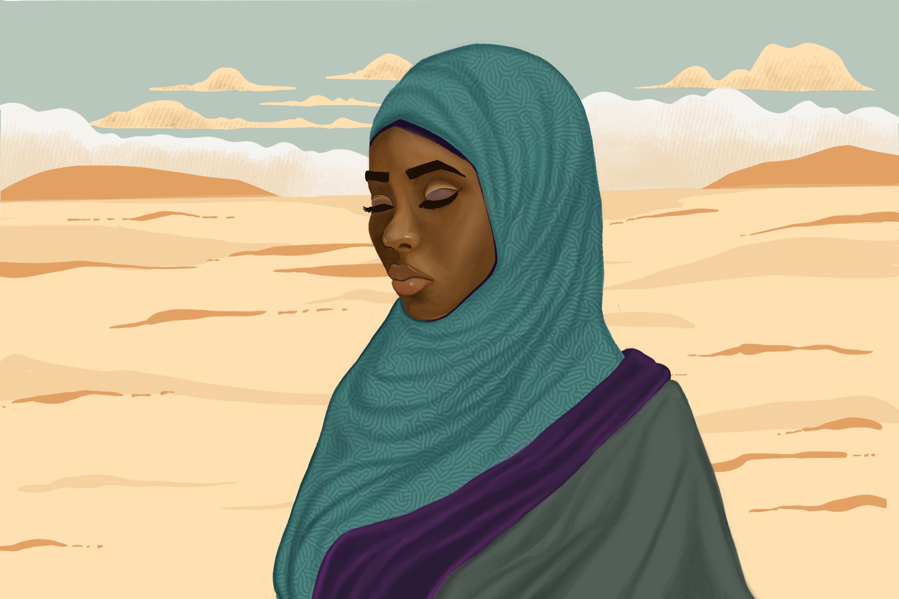 A solemn looking woman wearing a hijab in a surreal environment that appears to be the desert.