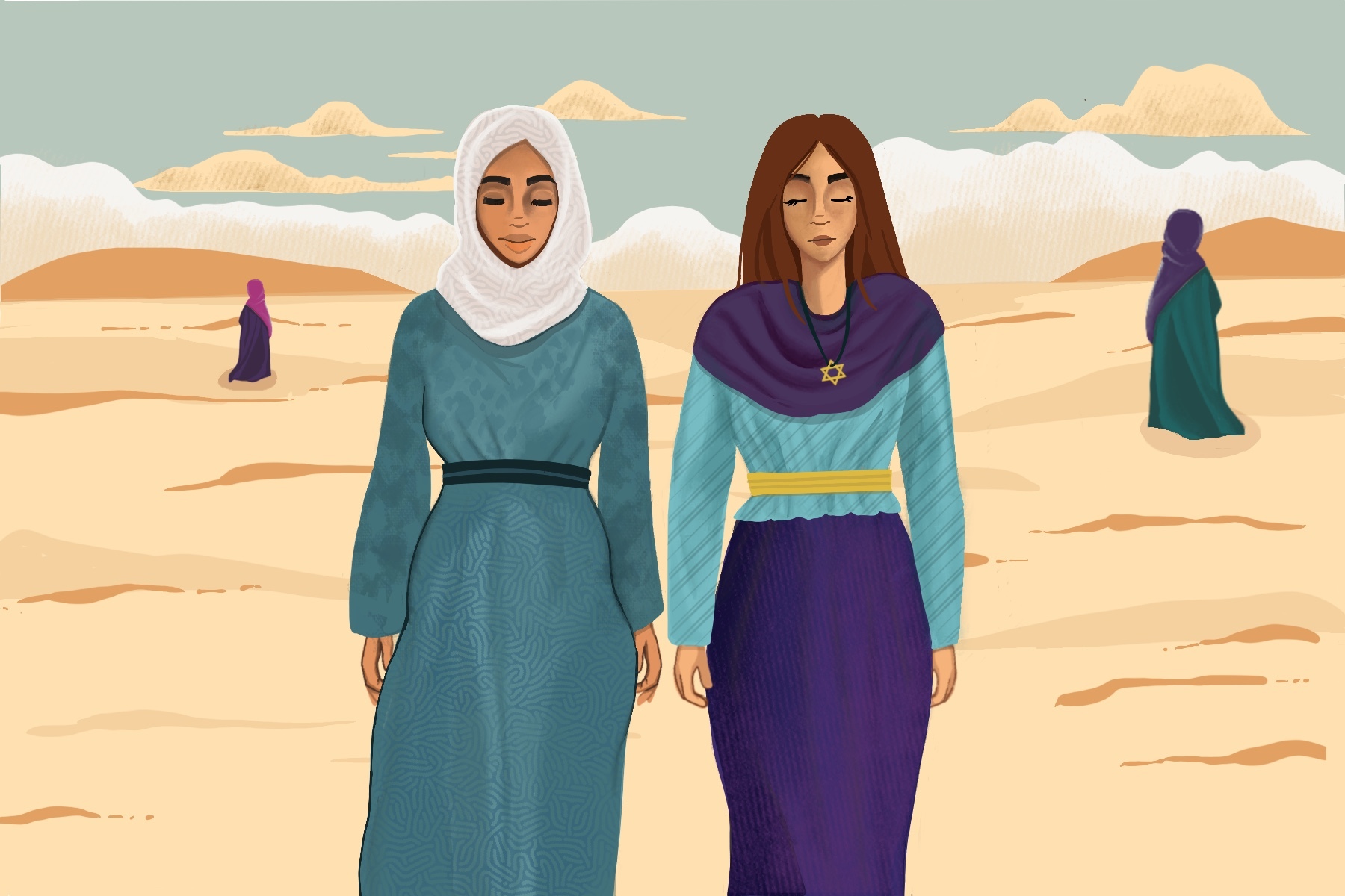 Two solemn, but strong women standing in a surreal environment that appears to be the desert. One wears a hijab and the other wears a star of David.
