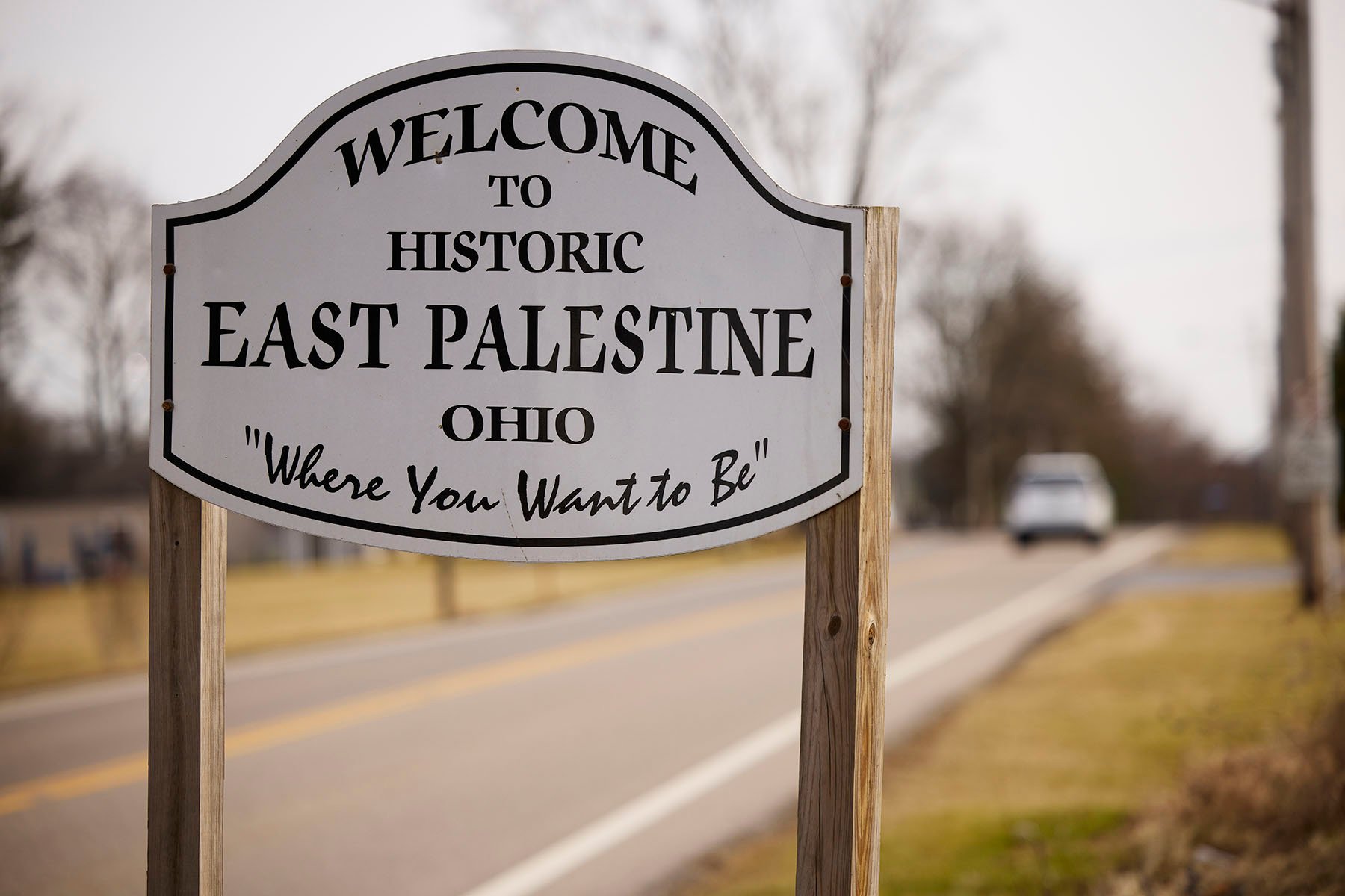 A sign welcomes visitors to the town of East Palestine, Ohio.