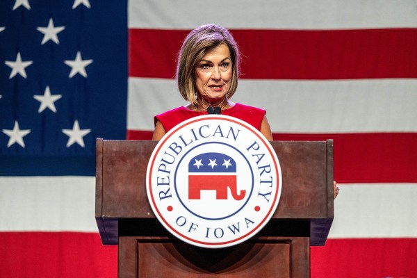 Iowa Governor Kim Reynolds speaks at the Republican Party of Iowa's 2023 Lincoln Dinner.