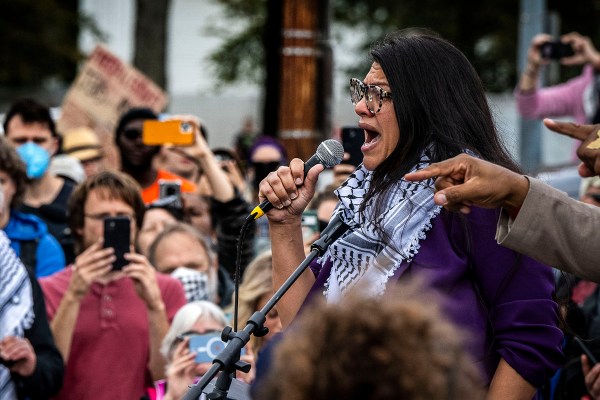 Rep. Rashida Tlaib addresses the crowd as Jewish Voice for Peace holds a large rally and civil disobedience action at the Capitol.