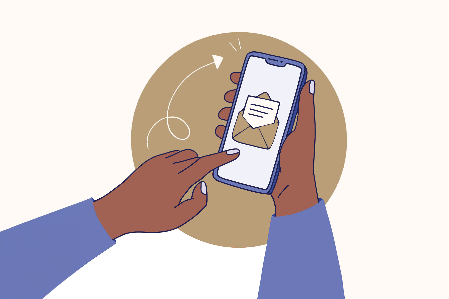 Illustration of a person tapping on a phone screen on which a letter appears.
