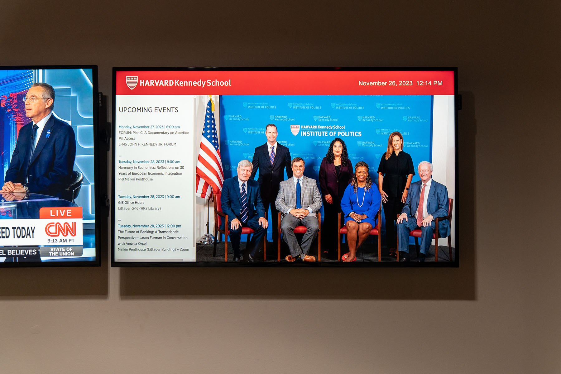 A portrait of Harvard Kennedy School's Fall 2023 Resident Fellows, including Cheri Beasley, is displayed on a television screen at the Institute of Politics, in Cambridge, Massachusetts.