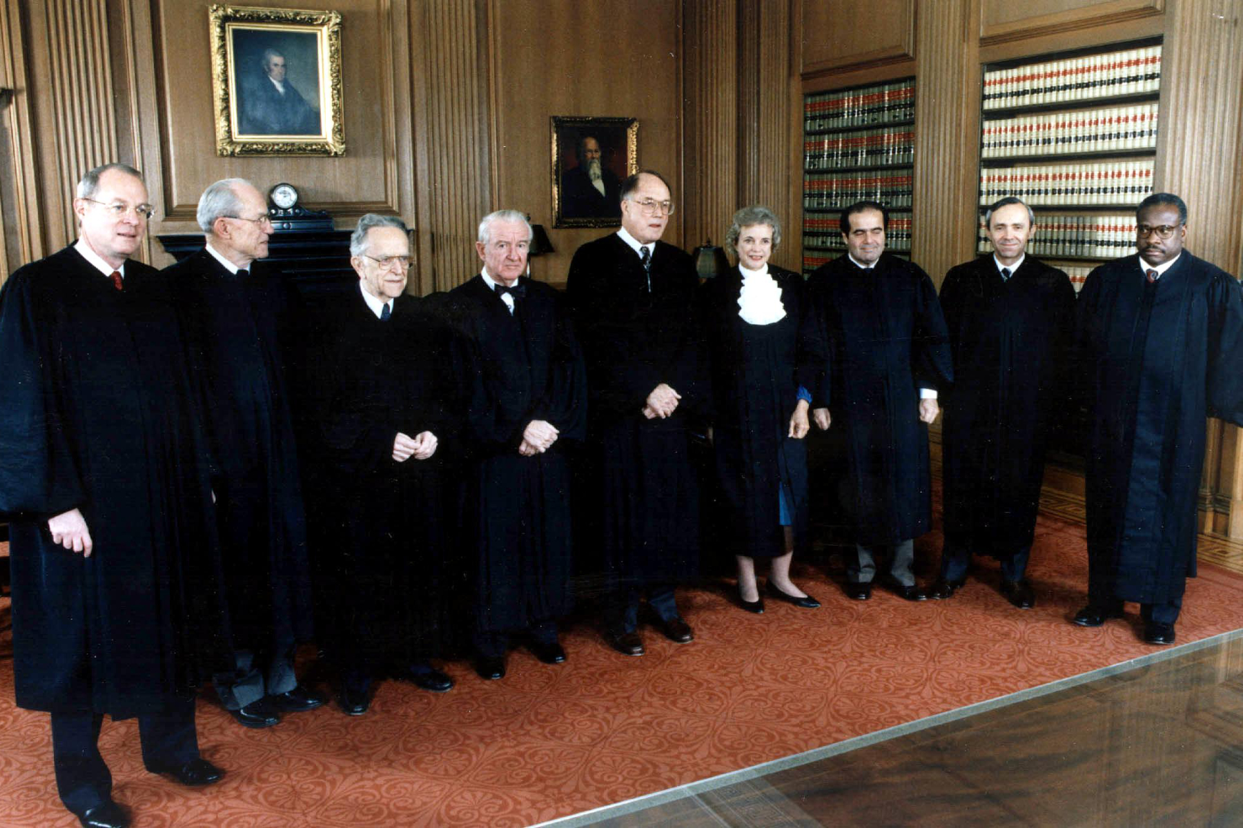 From left to right, Anthony M. Kennedy, Byron R. White, Harry M. Blackmun, John Paul Stevens, Chief Justice William H. Rehnquist, Sandra Day O'Connor, Antonin Scalia, David H. Souter and associate justice Clarence Thomas.