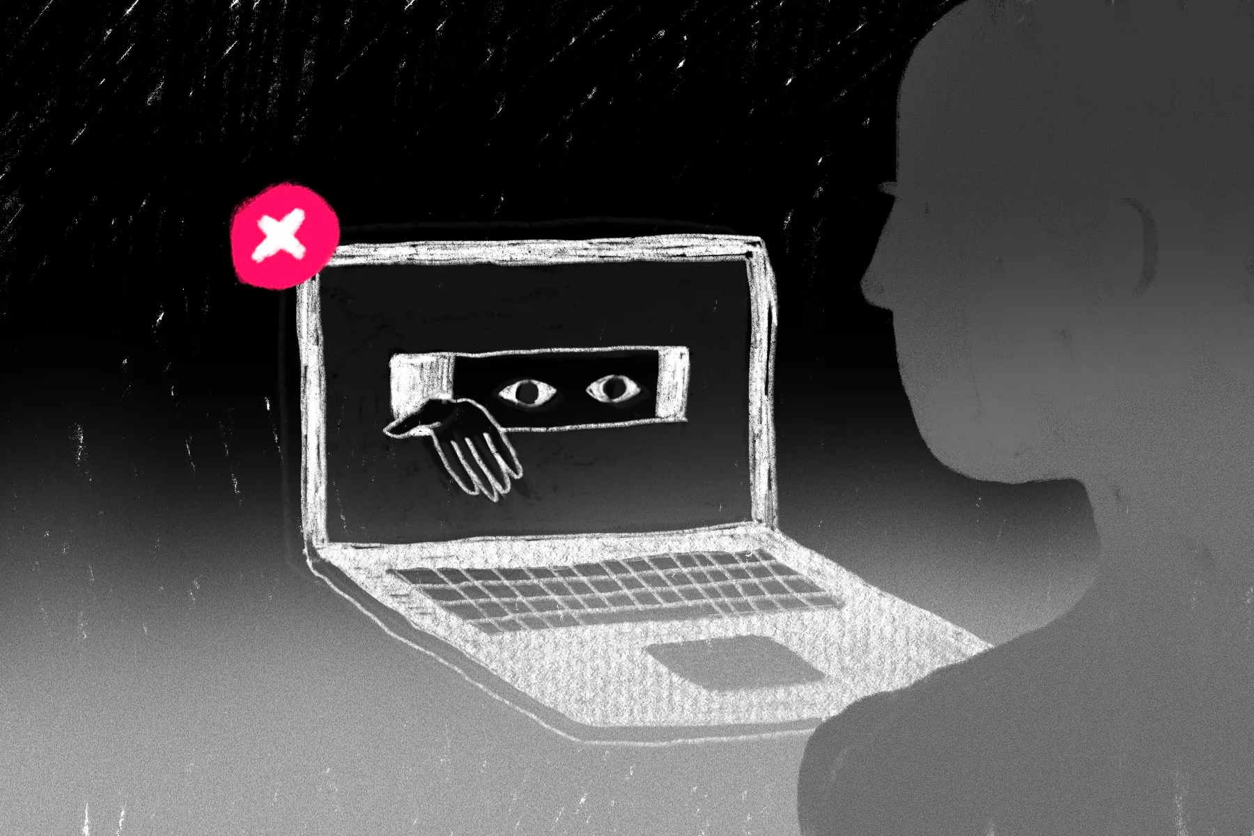 Illustration of a laptop with a face looking through a peephole, extending a hand through the screen towards the user.