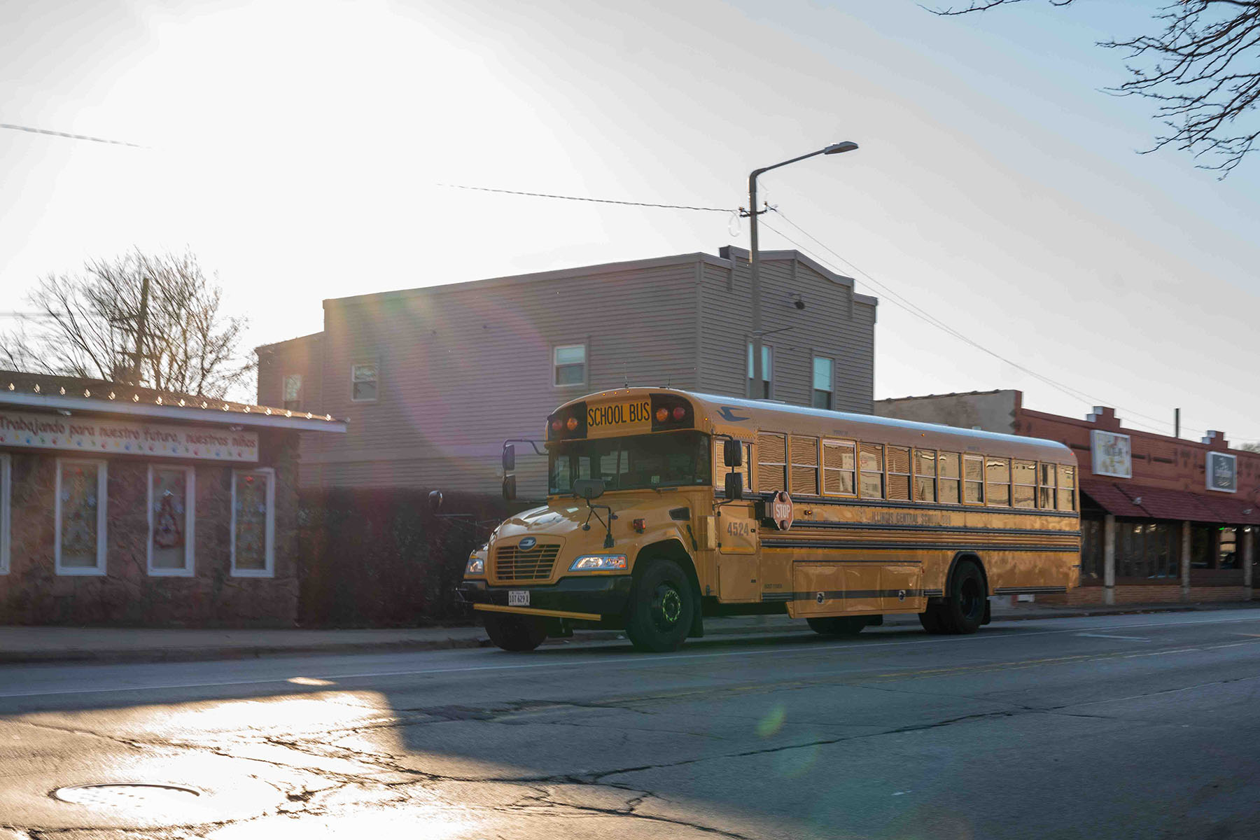 An illinois Central disctrict school bus is seen on a quiet street in Waukegan, Illinois.