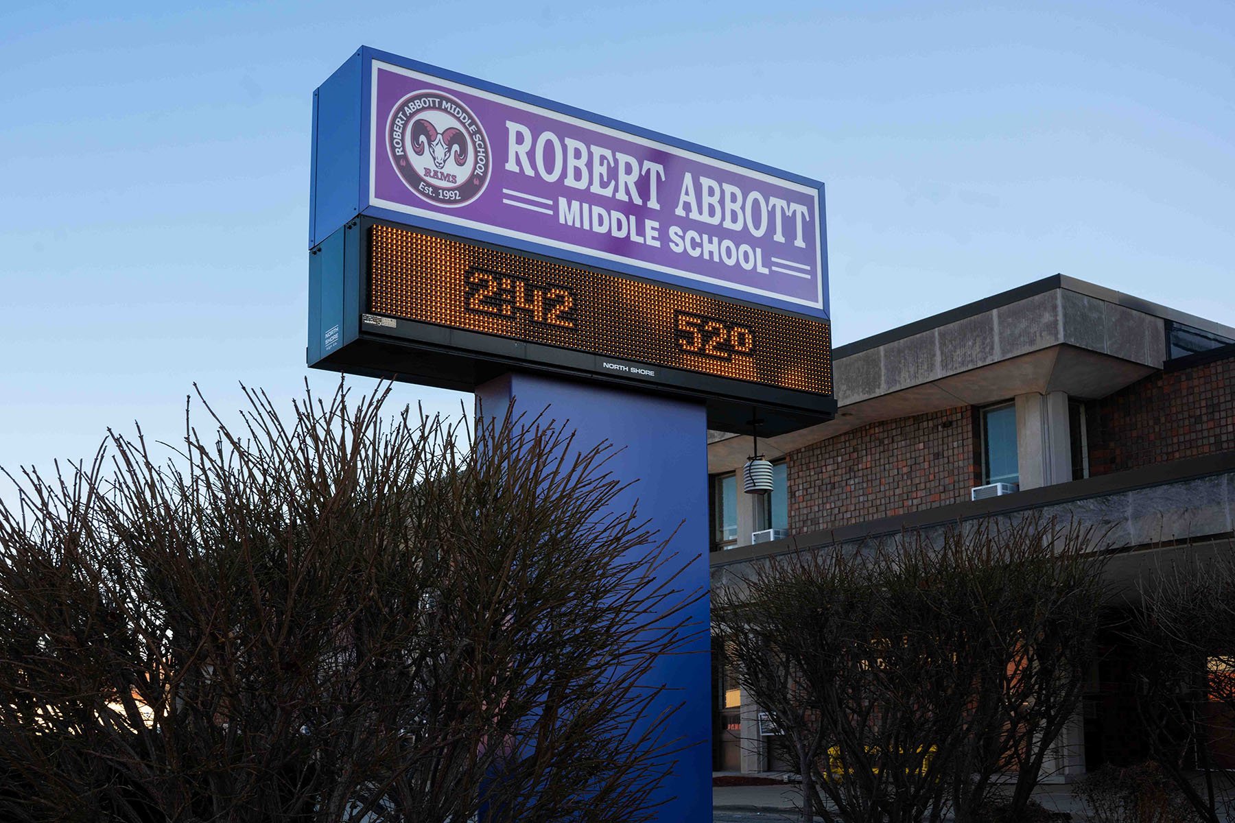 A sign for Robert Abbott Middle School is seen in Waukegan, Illinois