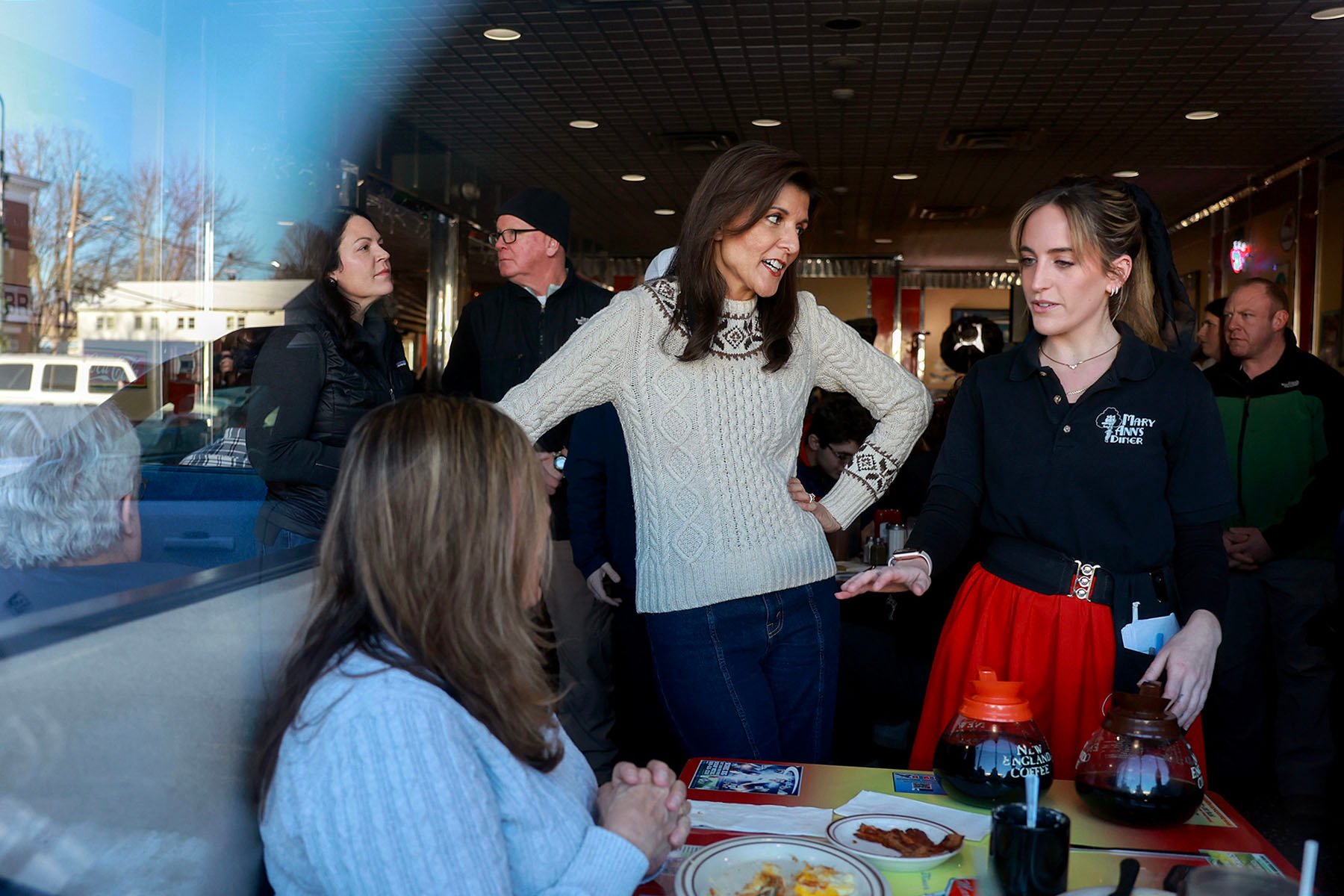 Nikki Haley makes a campaign stop to greet people at MaryAnn's diner on January 21, 2024, in Derry, New Hampshire.