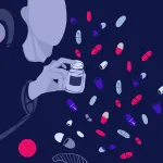 Illustration of a person holding a pill box as various pills float all around them.