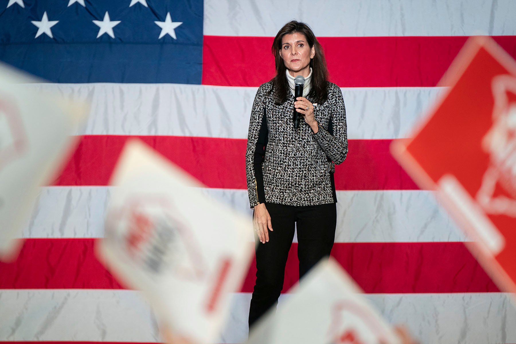 Republican presidential candidate Nikki Haley speaks to a crowd during a campaign rally at Coastal Carolina University in South Carolina.